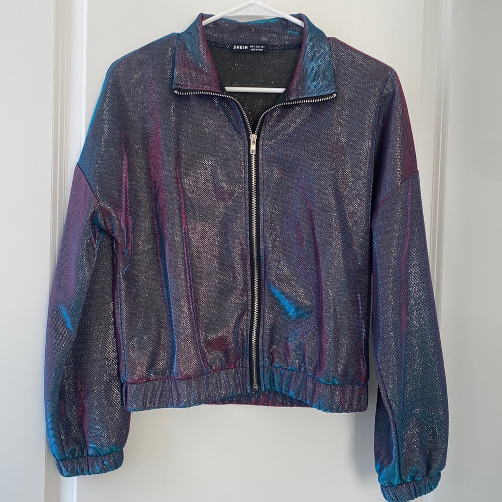 Shein Holographic Zip Up Metallic Crop Jacket